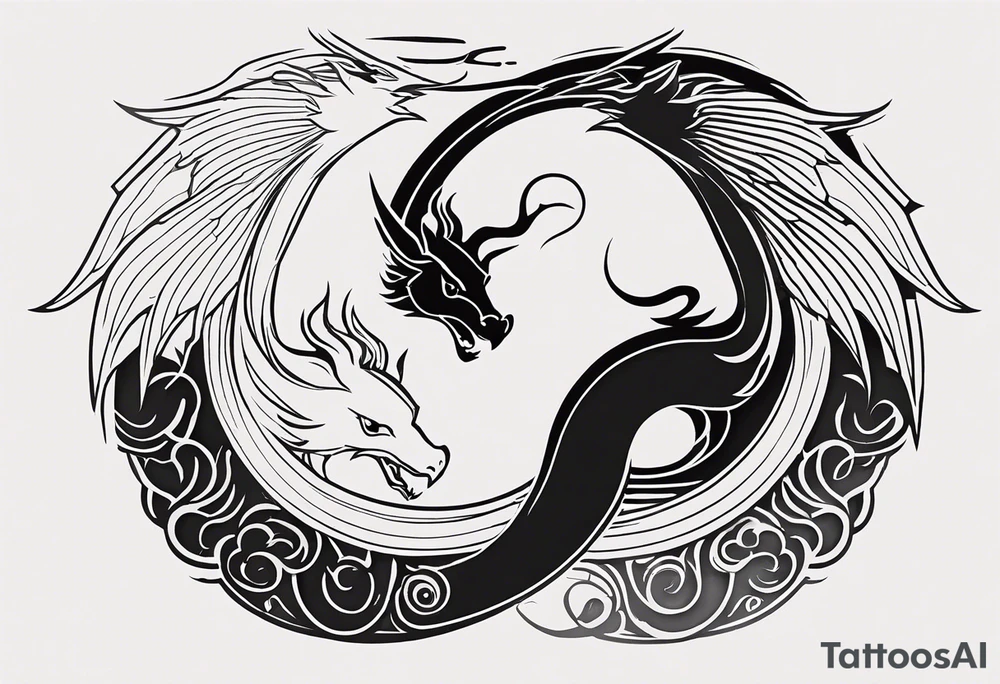 For a Gen Z-inspired dragon and phoenix tattoo, think of a clean, minimalist design that combines symbolism with bold, sleek lines. Imagine a dragon and phoenix spiraling together in a yin-yang-inspired layout. The dragon has a slightly abstract, modern shape, with sharp, flowing lines to show power, resilience, and wisdom, while the phoenix is rendered with sweeping curves and minimal detailing, symbolizing rebirth, growth, and transformation.

Both creatures should interact in a harmonious way, representing balance and duality. To keep it meaningful, focus on line work rather than intricate shading—clear, open spaces allow the tattoo to feel light and energetic. Adding small symbols, like stars or a faint galaxy backdrop, can enhance the "rising from ashes" and "strength through challenge" themes. This design will have a timeless appeal while resonating with Gen Z’s love for symbolism and simplicity. tattoo idea