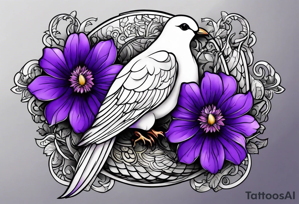 Forearm tattoo with purple flowers to always remember my grandma that passed away with a small white dove and heaven things added like clouds and stairs. tattoo idea