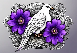 Forearm tattoo with purple flowers to always remember my grandma that passed away with a small white dove and heaven things added like clouds and stairs. tattoo idea
