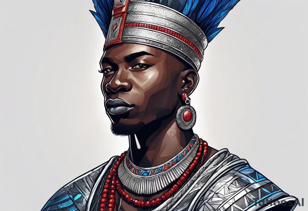 Black-skinned bald african warrior. He wears a simple and small silver crown. He uses blue and red necklaces tattoo idea
