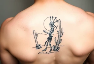 Kokopelli persona in desert scene with cactus and sun tattoo idea
