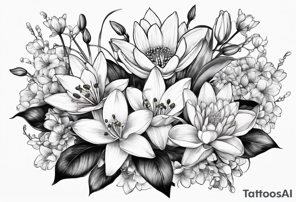 Water Lily, Lily of the Valley, Narcissus, and Gladiolus flower bouquet tattoo idea