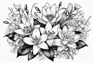 Water Lily, Lily of the Valley, Narcissus, and Gladiolus flower bouquet tattoo idea