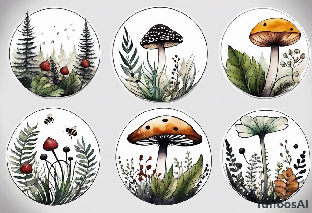 forest floor inspired minimalist tattoo, which includes grass, curly ferns, moss and dead leaves as the bulk of the tattoo. details to include: forest berries, a tiny bumblebee flying nearby, three small brown mushrooms
Generate a vertically long one tattoo idea