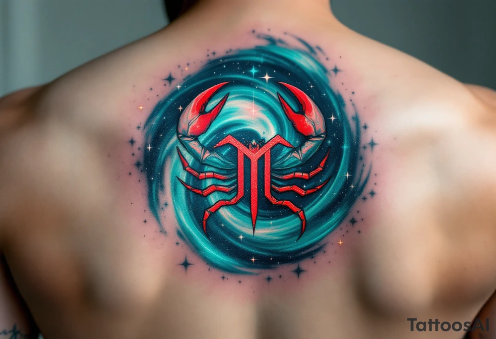 The Cancer zodiac sign in bold red sits at the heart of a swirling indigo and emerald star constellation. tattoo idea