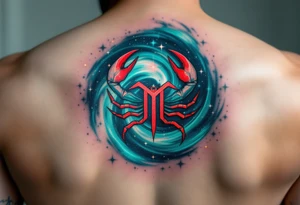 The Cancer zodiac sign in bold red sits at the heart of a swirling indigo and emerald star constellation. tattoo idea