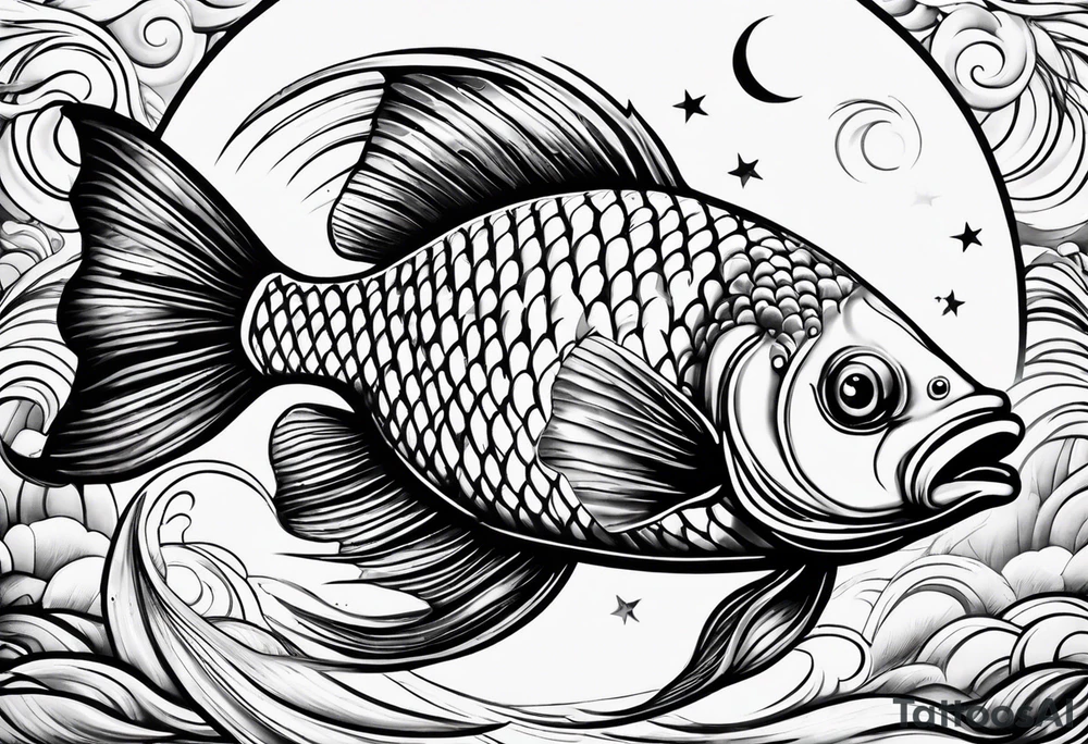 Fish with water ripples and moon tattoo idea