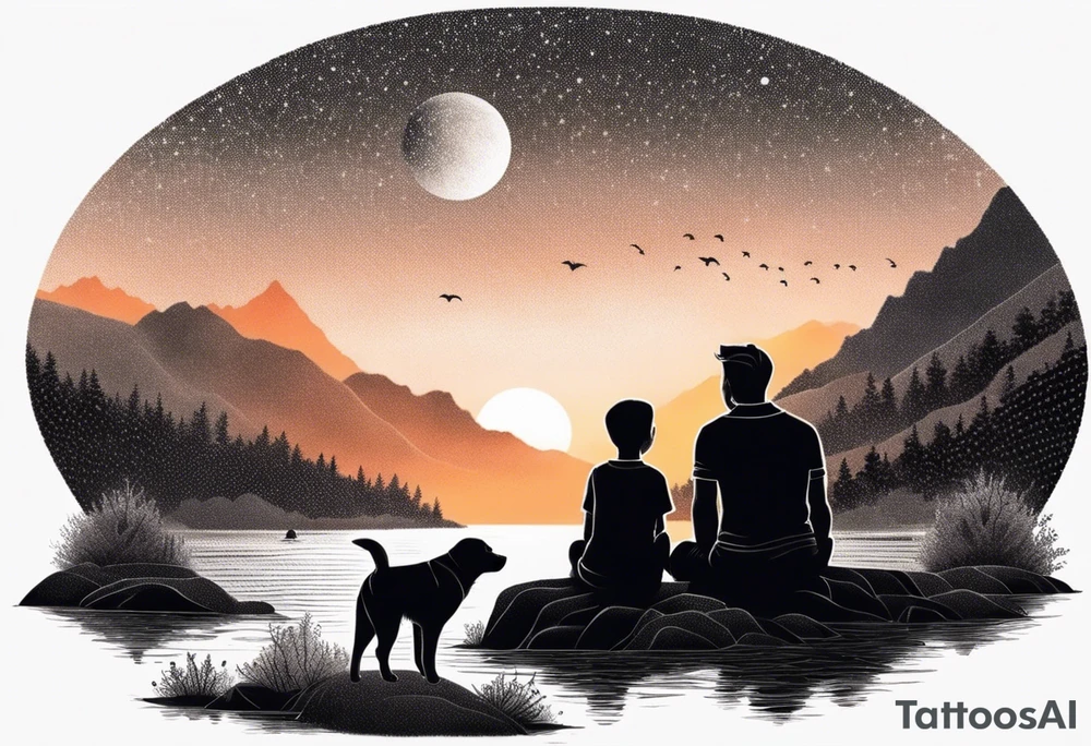 nature, sunset, mountains, a father and son sitting with their dog and cat 
by the water tattoo idea