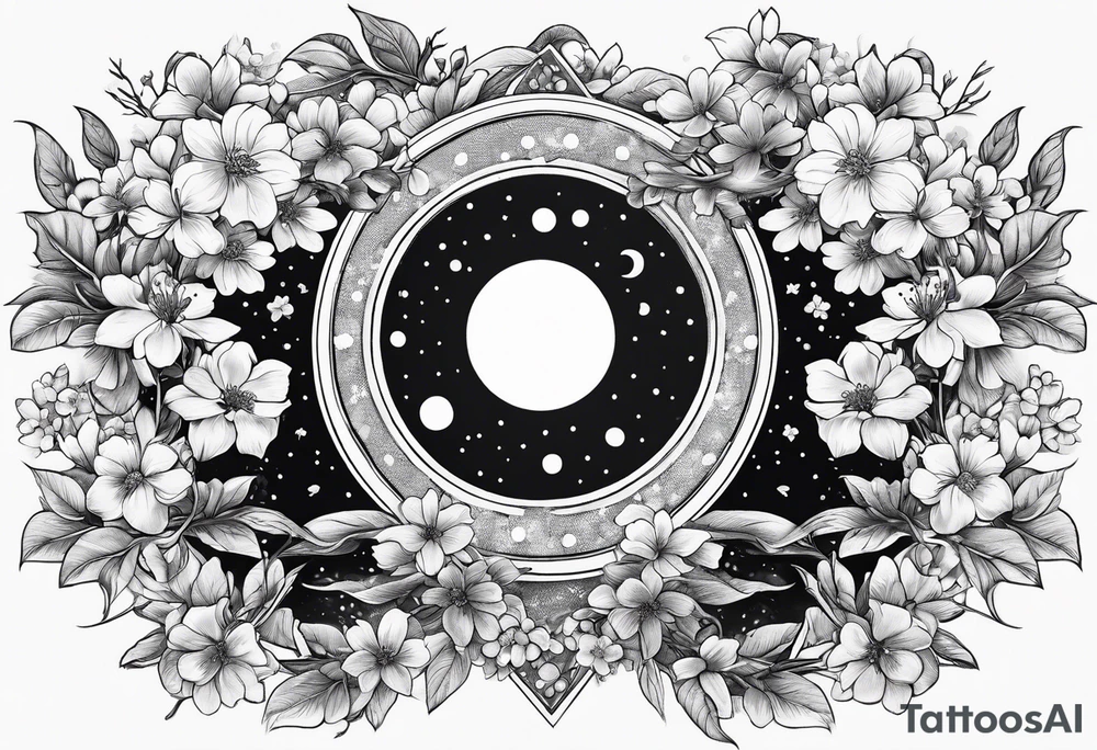 solar system with cherry blossoms spread about spine tattoo idea