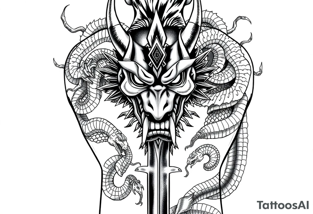 Back Tattoo with An Oni With a broken mask and a Sword, Dragons & snakes tattoo idea