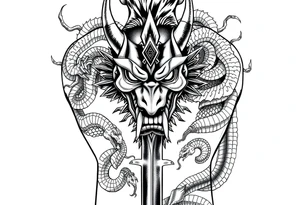 Back Tattoo with An Oni With a broken mask and a Sword, Dragons & snakes tattoo idea