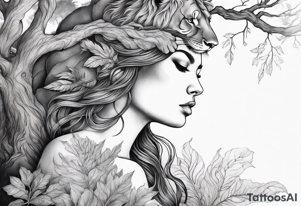 Forest goddess looking down side profile  tree branches forming her face with smoke a full male lions head facing her as to protect her middle arm sleeve tattoo idea