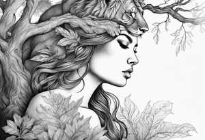 Forest goddess looking down side profile  tree branches forming her face with smoke a full male lions head facing her as to protect her middle arm sleeve tattoo idea
