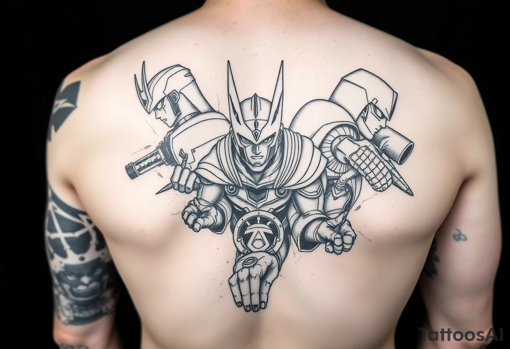 Show me a full arm sleeve with lots of different anime style heroes tattoo idea