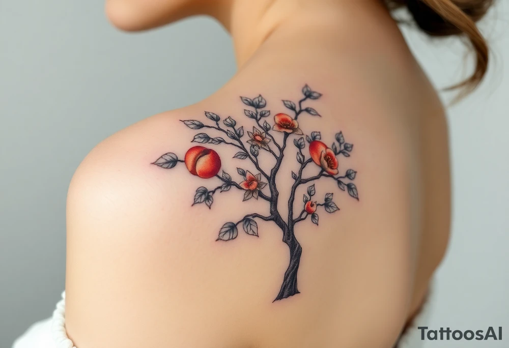 Full tree with peaches leaves, and flowers on it tattoo idea