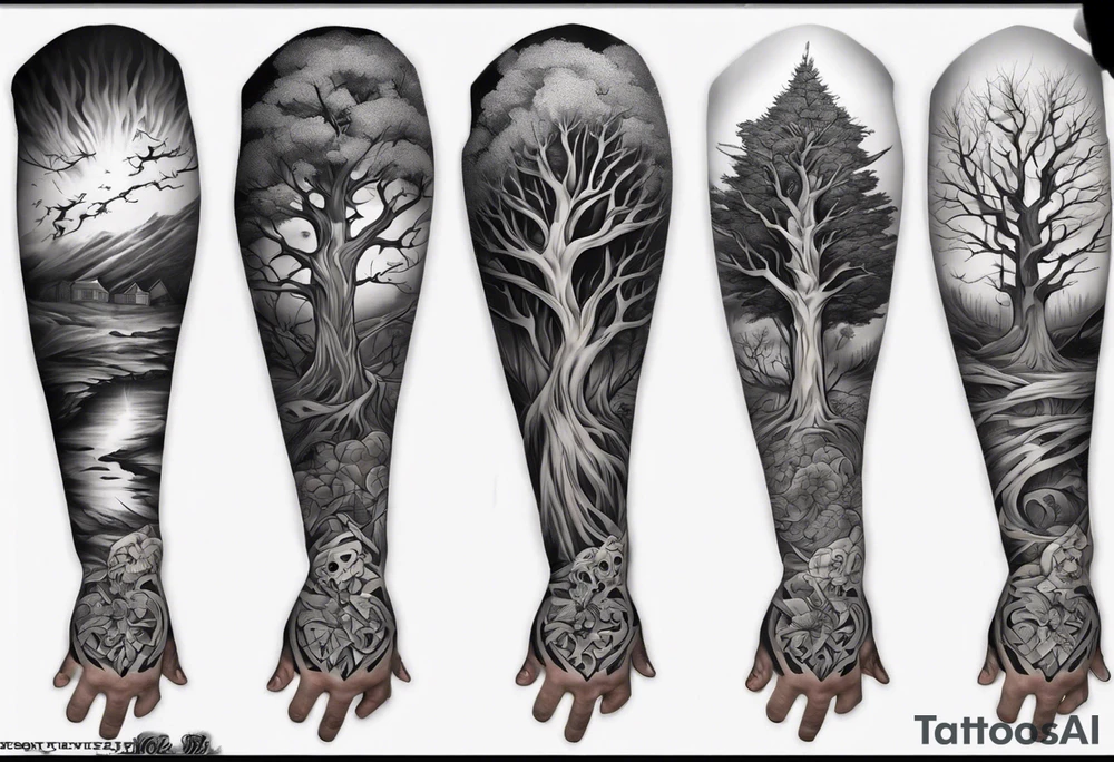 full arm sleeve irish tattoo with scary tree tattoo idea