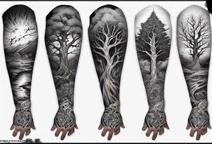 full arm sleeve irish tattoo with scary tree tattoo idea