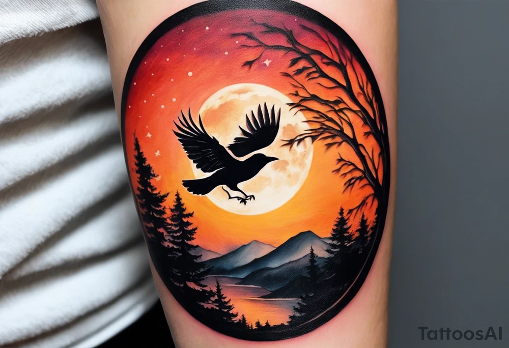 Let your imagination run wild with a visually descriptive ying-yang tattoo on your forearm, where one side captures the beauty of the night sky with a full moon, and the other side showcases the warm hues of a sunset. The moon side features a stunning depiction of a crow in flight, adding a touch of magic and wonder to the design. On the sunset side, the silhouettes of a man, woman, and two teenage boys walking create a sense of togetherness and family. Around the circle the words "When Life is hard, you have to change" are written in child's writing tattoo idea