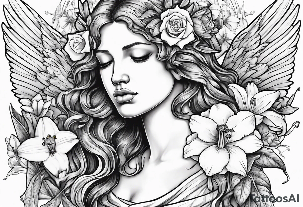 sad crying angel with head surrounded by lily, daffodil, rose, daisy, narcissus holding a hummingbird tattoo idea