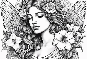 sad crying angel with head surrounded by lily, daffodil, rose, daisy, narcissus holding a hummingbird tattoo idea