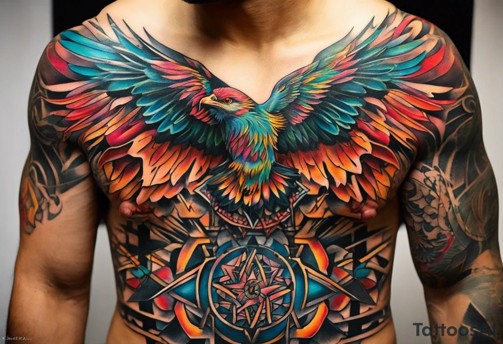 Wide tattoo that appears to be bursting out of the skin, symbolizing freedom. The tattoo should be vibrant and dynamic, with bold lines and colors that evoke a sense of liberation and empowerment. Need to incorporate elements such as broken chains and other symbols of freedom. The tattoo should be visually striking and thought-provoking. tattoo idea