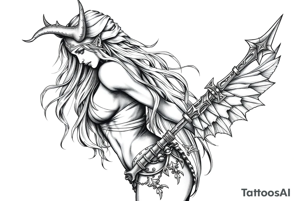 Viking goddess warrior full body sexy long hair tattoo idea