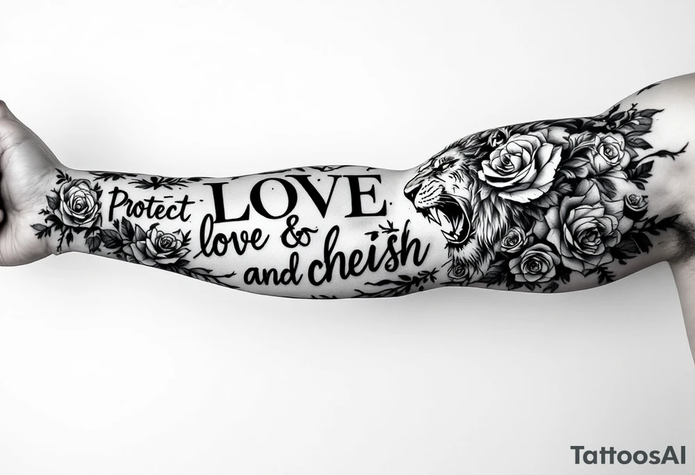 Full sleeve with the words, protect, love, and cherish. With my daughters name “Sutton” and her birthday May 30th 2023 with a lion and roses. tattoo idea