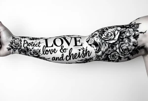 Full sleeve with the words, protect, love, and cherish. With my daughters name “Sutton” and her birthday May 30th 2023 with a lion and roses. tattoo idea