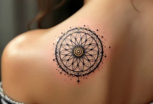 A storybook wheel with an enchanted twist, floating mid-air, spinning golden thread, surrounded by sparkling stars and silver dust (no glow effect). tattoo idea