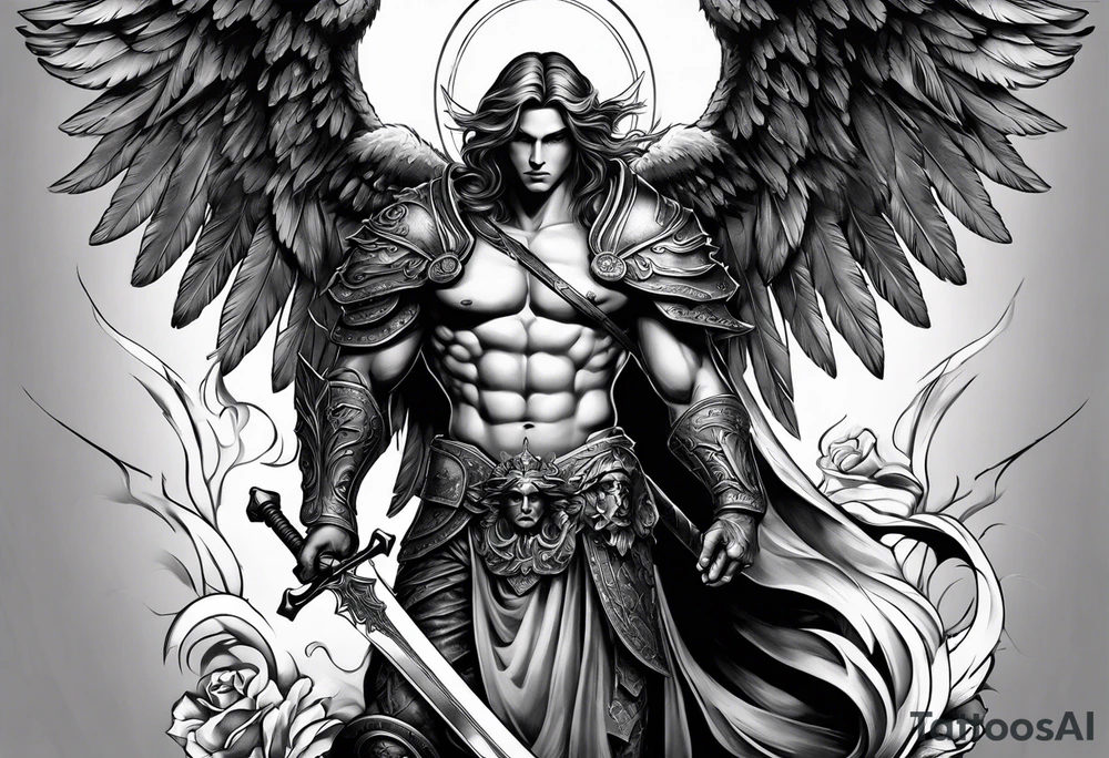 Male American guardian angel with a sword and angel from hell combined together tattoo idea