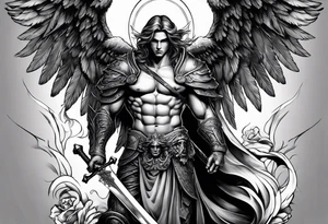 Male American guardian angel with a sword and angel from hell combined together tattoo idea