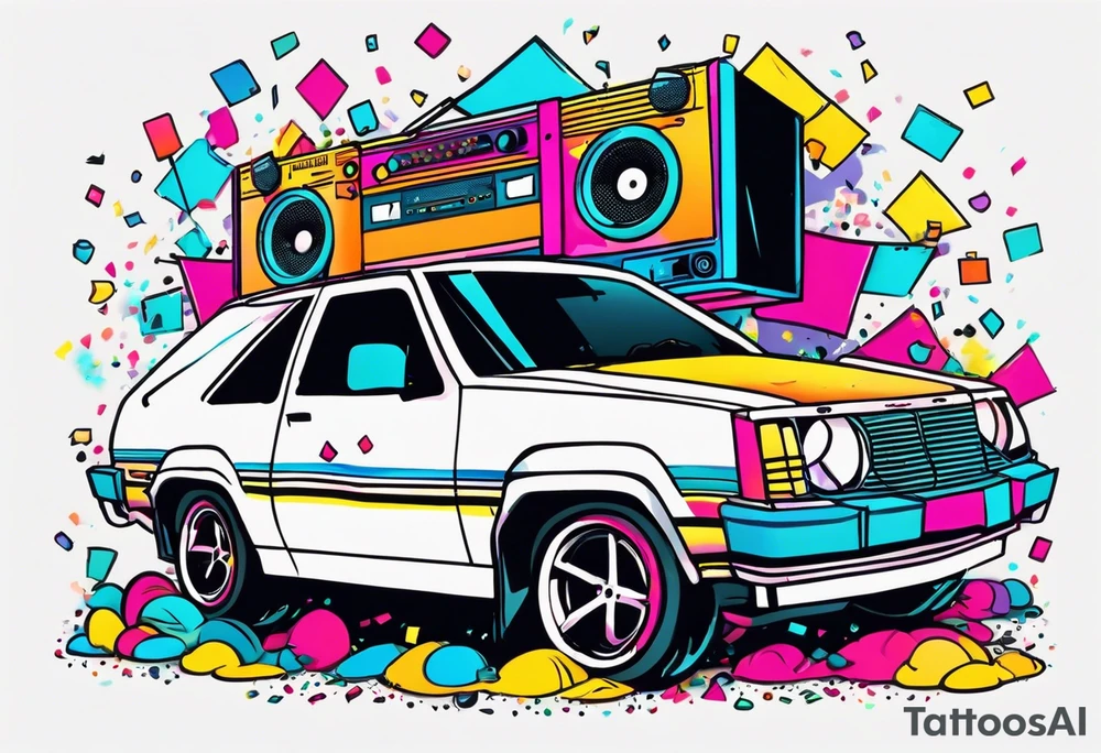 1980's style dance party with boom box and confetti in a beach theme. do not include cars tattoo idea