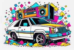 1980's style dance party with boom box and confetti in a beach theme. do not include cars tattoo idea