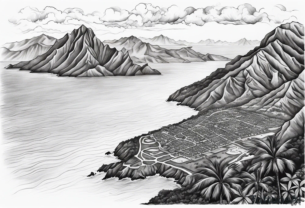 Map of the eastern Caribbean islands with an ocean view of the island mountains across the sea in the background tattoo idea