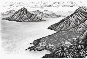 Map of the eastern Caribbean islands with an ocean view of the island mountains across the sea in the background tattoo idea