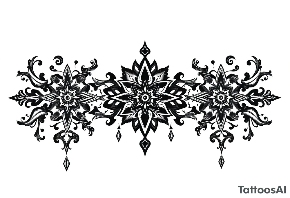 mystical dark and long ornament tattoo with shaman and witch style and ancient rhyme tattoo idea