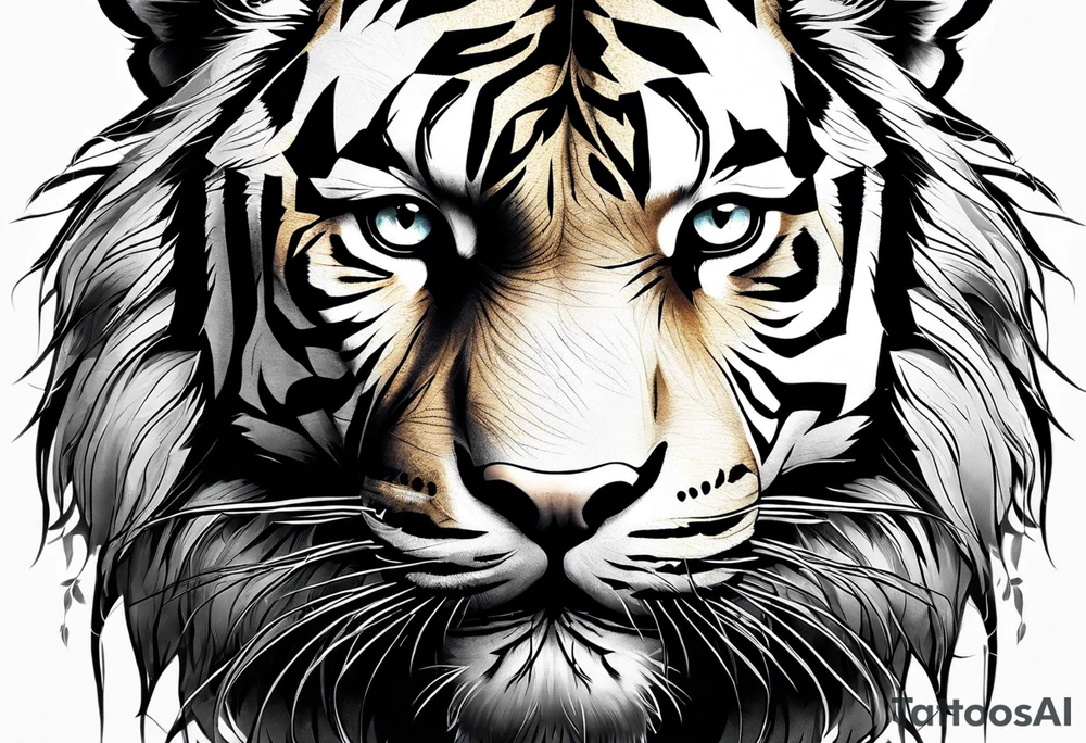 This design focuses on a detailed, realistic drawing of a tiger's face. The tiger's eyes are large and compelling, depicted with a wild and proud expression. The background could be enriched with details of the tiger's natural habitat, such as forests and bamboo trees. tattoo idea