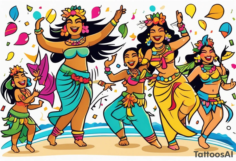 beach party scene with tiki gods and hulu girls dancing include music notes and confetti. leave a blank area in the middle of the image tattoo idea