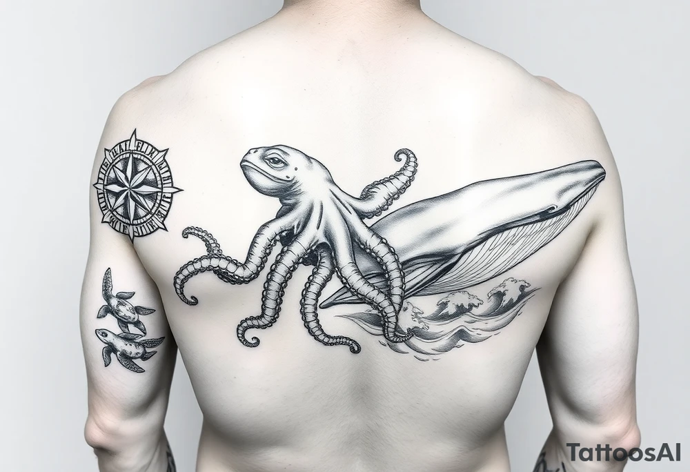 black and grey realistic full arm sleeve consisting of Compass Rose on the inner forearm as a focal point with loggerhead Turtles Swimming along the forearm, an Octopus Wrapping its tentacles around the arm,  a large whale gliding through the bicep area, and waves acting as the background to tie everything together. tattoo idea