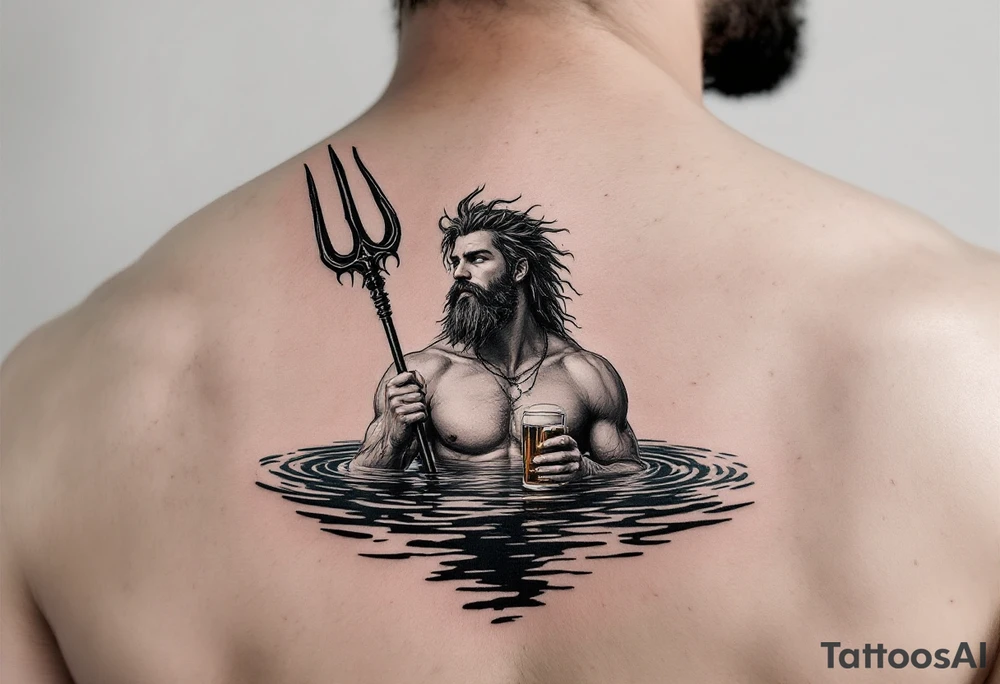 young, fit poseidon in calm water, holding a trident, holding a beer, looking at the sky tattoo idea