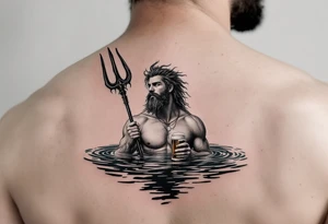young, fit poseidon in calm water, holding a trident, holding a beer, looking at the sky tattoo idea