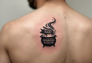 "Na kazdou Svini se vari voda." — A boiling cauldron with a pig silhouette formed in steam, inked in dark greens and browns, and the quote spiraling upward. tattoo idea