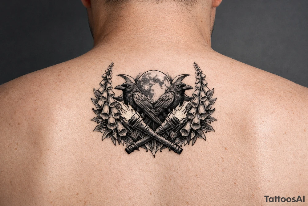 A stylized triple moon with ravens and crossing torches, framed by foxglove. tattoo idea