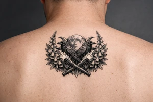 A stylized triple moon with ravens and crossing torches, framed by foxglove. tattoo idea
