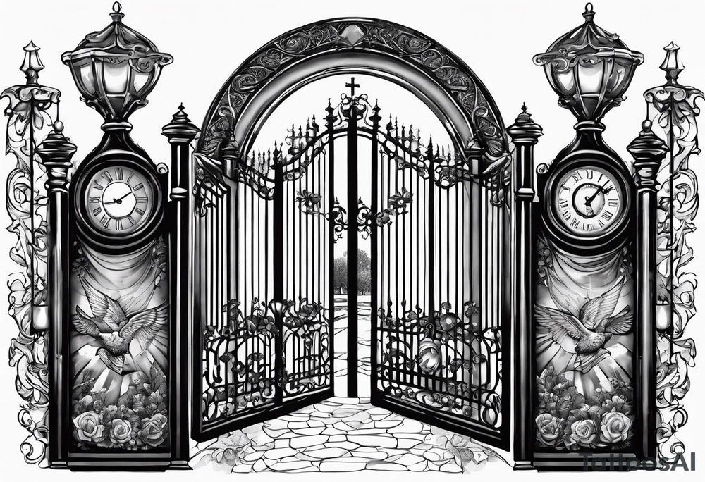 Forearm tattoo:
Mawmaw
07-05-38 / 09-23-24
Grandson and grandma walking up to the gates of heaven with the gates opened shinning bright with a cross and Doves flying around 
Big Busted clock behind it with the time of her death 7:00pm tattoo idea