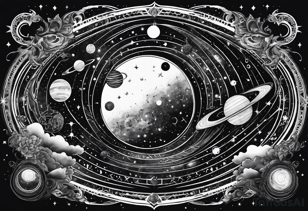 A tattoo featuring a cosmic scene with planets, black holes, and supernovae intertwined with intricate linguistic symbols, reflecting the client's interests in cosmology and linguistics. tattoo idea