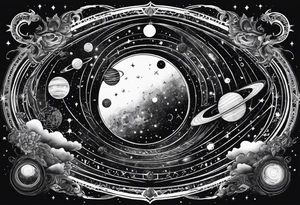 A tattoo featuring a cosmic scene with planets, black holes, and supernovae intertwined with intricate linguistic symbols, reflecting the client's interests in cosmology and linguistics. tattoo idea