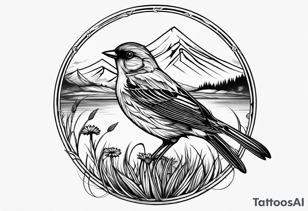 Small bird in field of grass and daisys Mountain View in distance tattoo idea