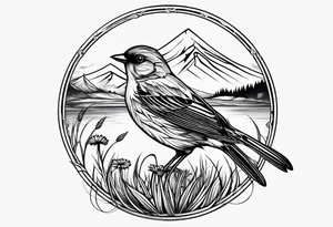 Small bird in field of grass and daisys Mountain View in distance tattoo idea