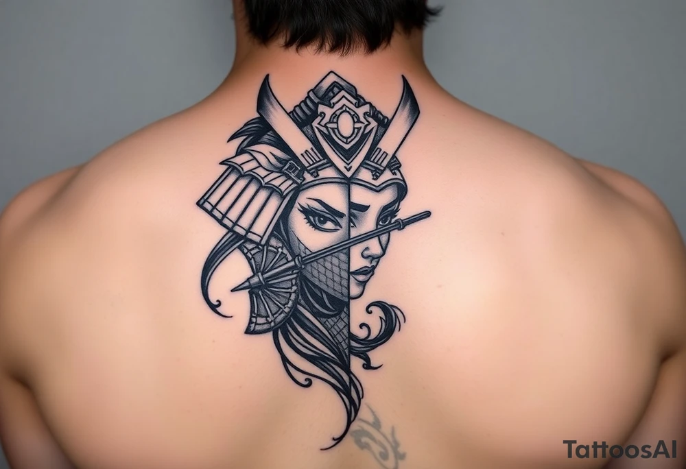 Samurai beauty  girl half face and half
 with a fan across her face tattoo idea